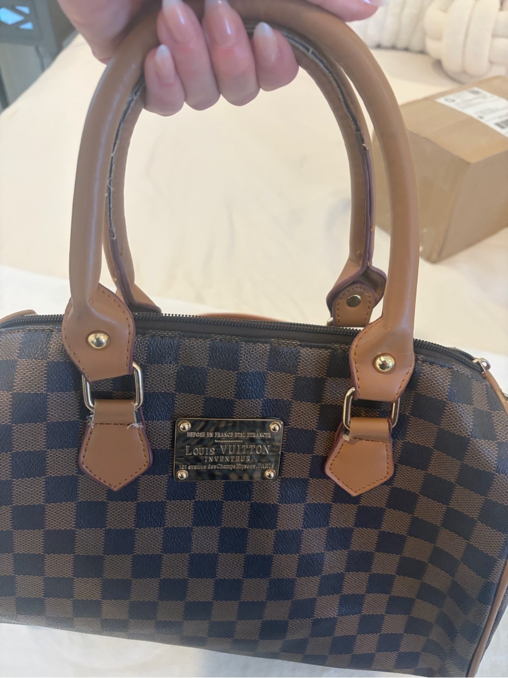 Brown Checkered Top-Handle Women’s Bag